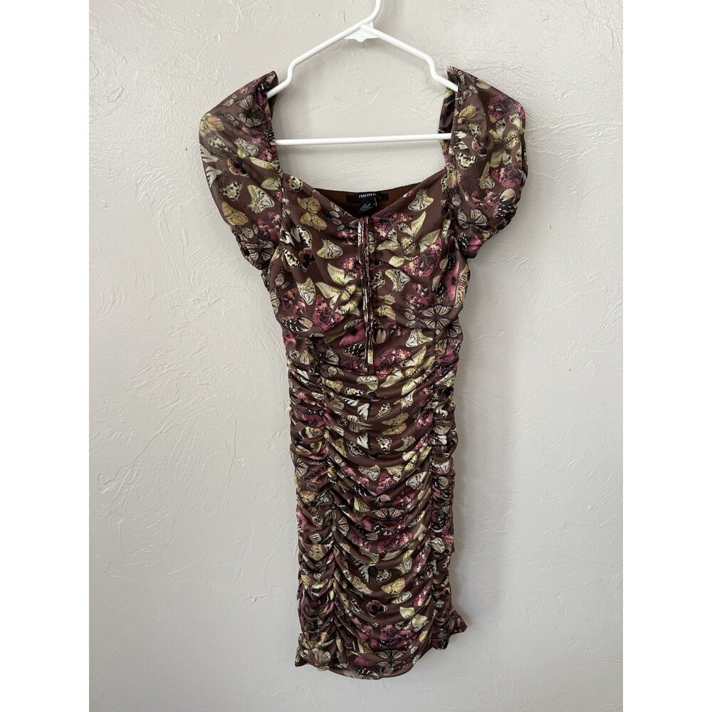 Forever 21 Butterfly Mesh Fairy Bodycon Mini Dress Size M Milkmaid Y2K Brown